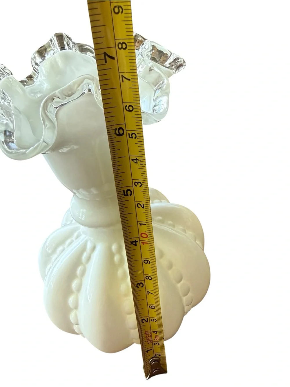 Fenton Art Glass Vase In Silver Crest Pattern White Milk Glass With Melon Body